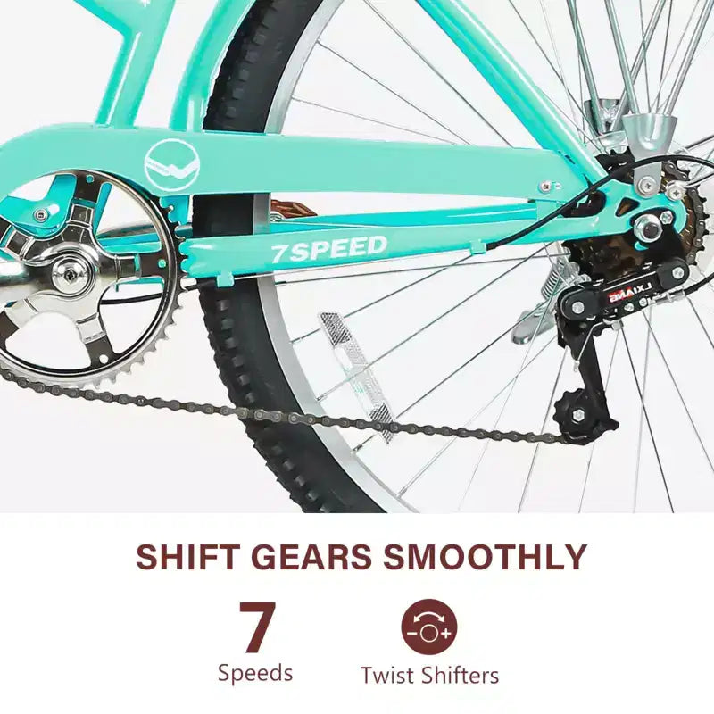 Hykolity 26 Inch Beach Cruiser Bike 7-Speed Commuter Bicycle Outdoor City Bike for Women with Rear Rack High-Carbon Steel Front Rear Fenders & Basket