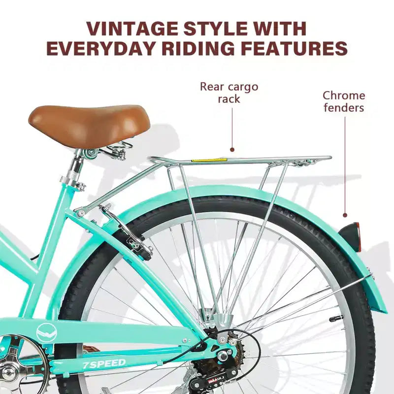 Hykolity 26 Inch Beach Cruiser Bike 7-Speed Commuter Bicycle Outdoor City Bike for Women with Rear Rack High-Carbon Steel Front Rear Fenders & Basket