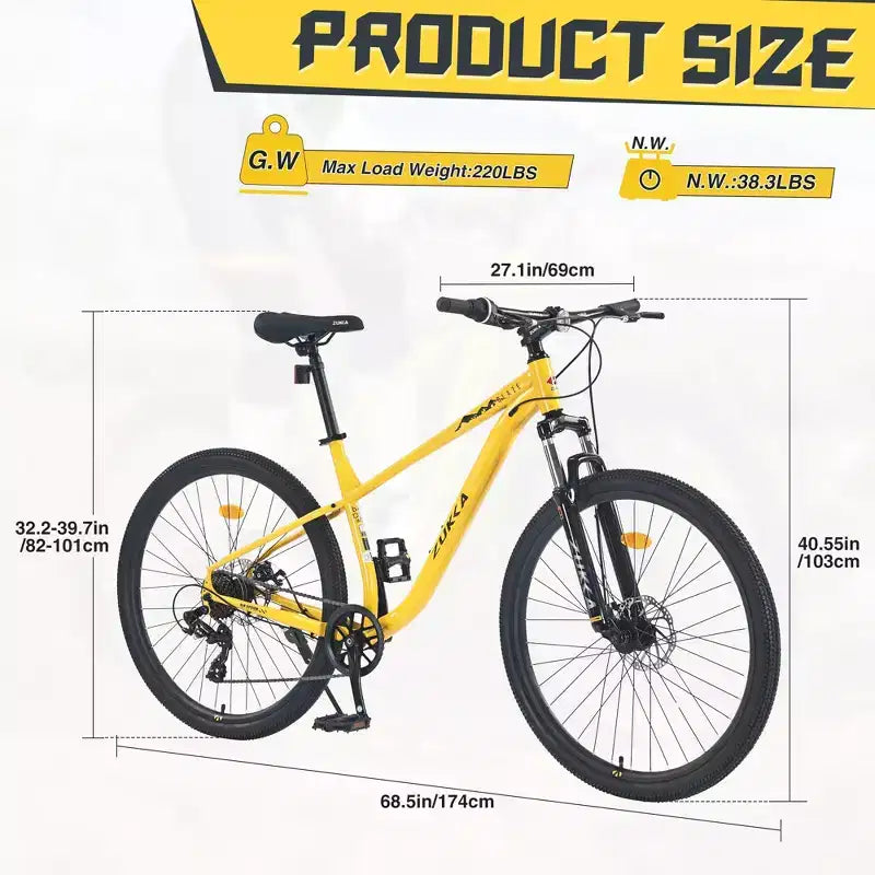 NAYSAYE 27.5 Inch 8 Speed Mountain Bike with Front Suspension and Steel Frame for All Terrain Adventures, Yellow, 68.5*27.1*40.55