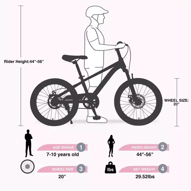 NAYSAYE Mountain Bike 20 Inch MTB with Adjustable Saddle and Double Disc Brakes for Outdoor Adventures, Pink, 54.33*22.44*32.48