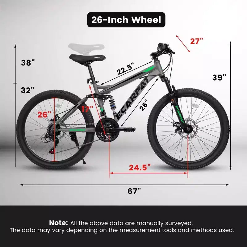 NAYSAYE Bicycle 26 Inch Mountain Bike 21 Speed with Dual Shock Absorption for Unisex Commuting and Travel, Gray, 67*27*39