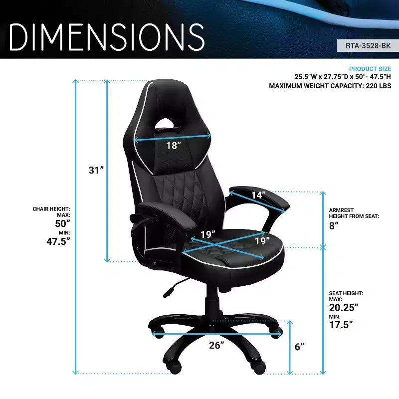 Okak High-Back Gaming Chair with Padded Seat and Back, Executive Office Chair with Metal Base and Wheels, Desk Chair for Study, Reading Room, Black