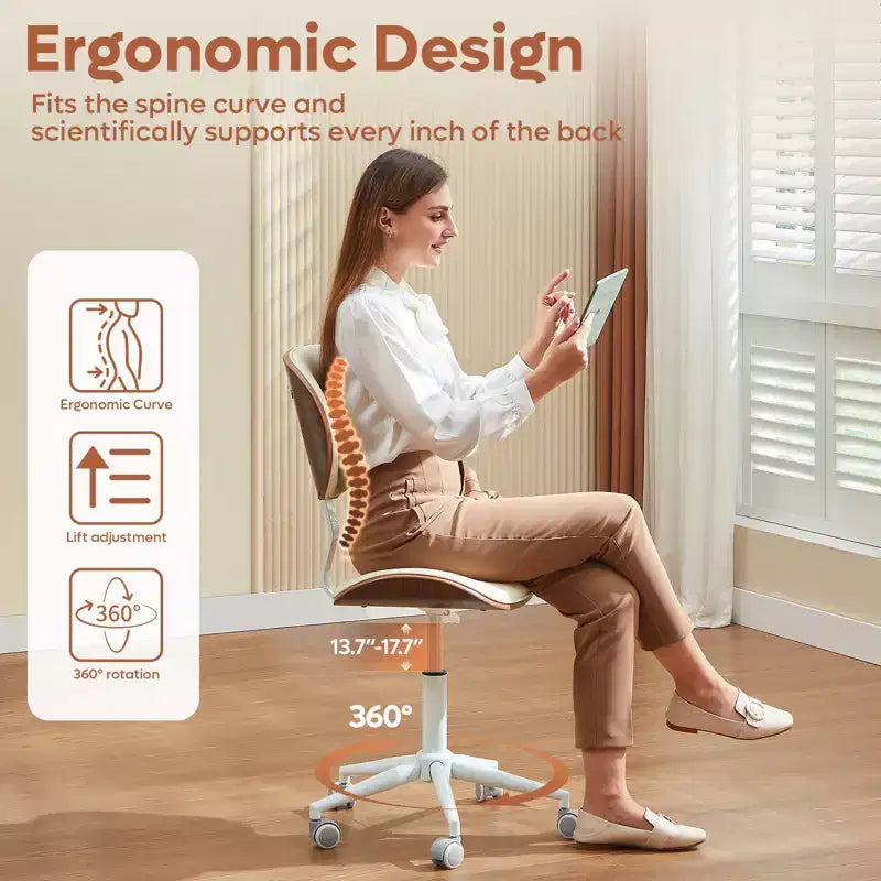 Bestier Bentwood Ergonomic Armless Home Office Desk Chair, Comfy Table Chair with Lumbar Support, PU Leather Height Adjustable Task Chair with Wheels