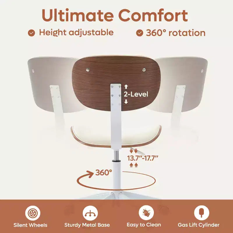 Bestier Bentwood Ergonomic Armless Home Office Desk Chair, Comfy Table Chair with Lumbar Support, PU Leather Height Adjustable Task Chair with Wheels