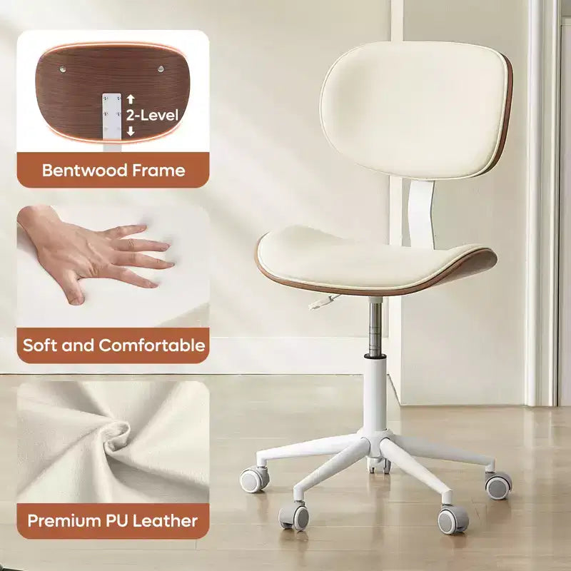 Bestier Bentwood Ergonomic Armless Home Office Desk Chair, Comfy Table Chair with Lumbar Support, PU Leather Height Adjustable Task Chair with Wheels