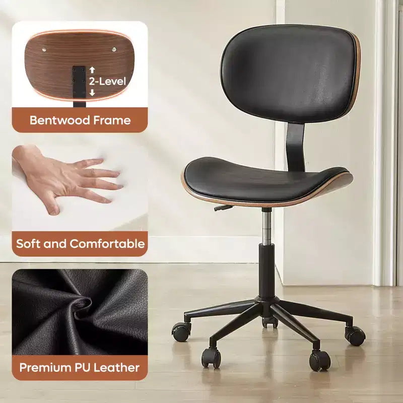Bestier Bentwood Ergonomic Armless Home Office Desk Chair, Comfy Table Chair with Lumbar Support, PU Leather Height Adjustable Task Chair with Wheels