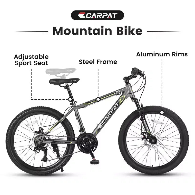 Zeus & Ruta 24 Mountain Bike with 21-Speed Gears, Dual Disc Brakes, Durable Steel Frame Bicycle for Boys and Girls