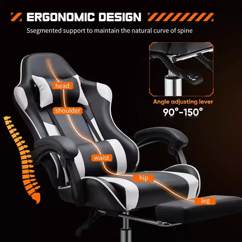 MAYEERTY Gaming Chair Video Game Desk Chair Ergonomic Computer with Footrest Comfy Lumbar Support PU Leather Recliner with Headrest Fixed Up Armrest