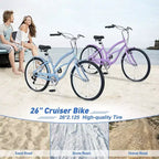 Whisen 26 Adult Women Outdoor Bikes, Beach Cruiser Bike with Steel Frame Low Swooping Frame, 7-Speed Gear