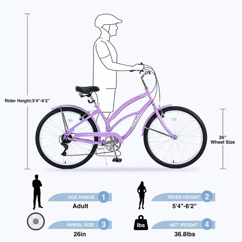 Whisen 26 Adult Women Outdoor Bikes, Beach Cruiser Bike with Steel Frame Low Swooping Frame, 7-Speed Gear
