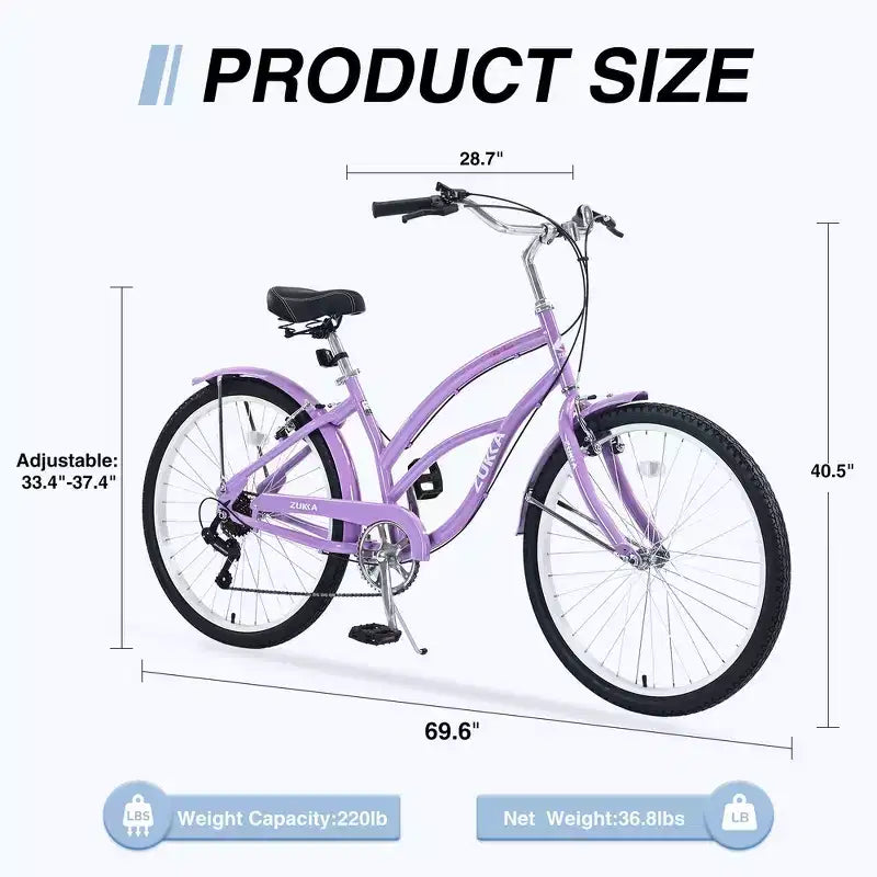 Whisen 26 Adult Women Outdoor Bikes, Beach Cruiser Bike with Steel Frame Low Swooping Frame, 7-Speed Gear