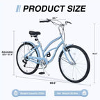 Whisen 26 Adult Women Outdoor Bikes, Beach Cruiser Bike with Steel Frame Low Swooping Frame, 7-Speed Gear