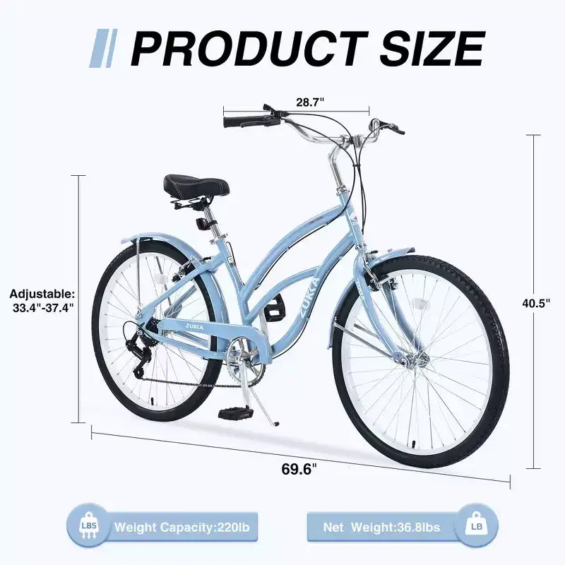 Whisen 26 Adult Women Outdoor Bikes, Beach Cruiser Bike with Steel Frame Low Swooping Frame, 7-Speed Gear