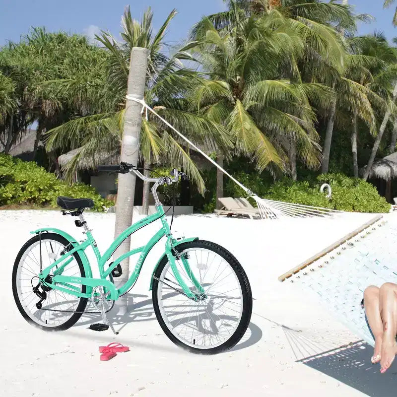 Whisen 26 Adult Women Outdoor Bikes, Beach Cruiser Bike with Steel Frame Low Swooping Frame, 7-Speed Gear