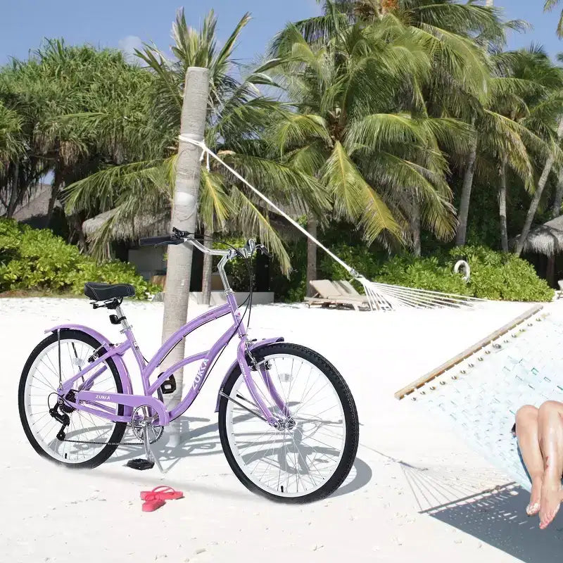 Whisen 26 Adult Women Outdoor Bikes, Beach Cruiser Bike with Steel Frame Low Swooping Frame, 7-Speed Gear