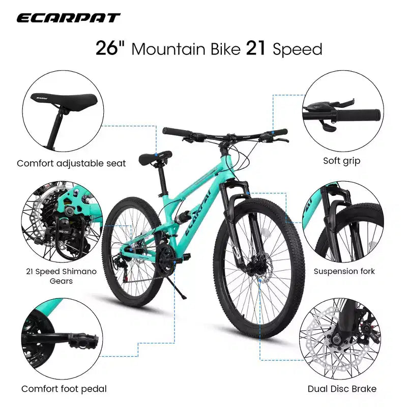 Whisen 26 Inch Steel Frame Shock Fork Plus Shock Absorber 21-speed Unisex Mountain Bike