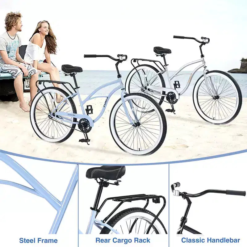 Whisen 26 Men's Beach Cruiser Bike, Single Speed Bicycles with Steel Frame, Wide Wheels for Stability