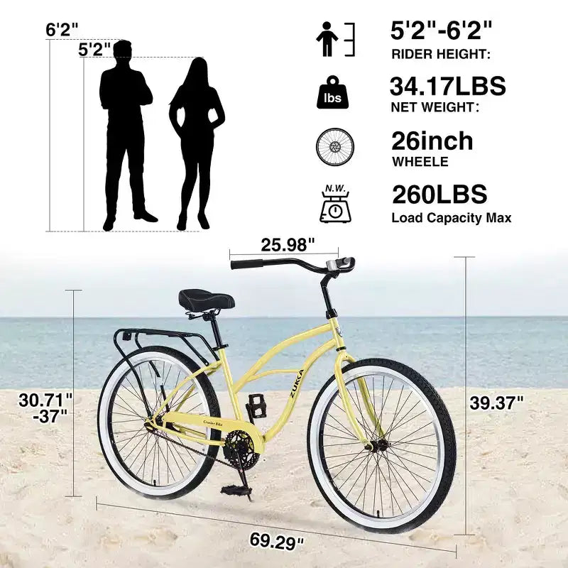 Whisen 26 Men's Beach Cruiser Bike, Single Speed Bicycles with Steel Frame, Wide Wheels for Stability