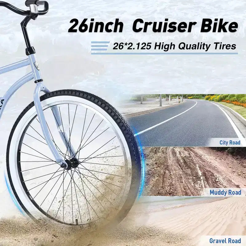 Whisen 26 Men's Beach Cruiser Bike, Single Speed Bicycles with Steel Frame, Wide Wheels for Stability