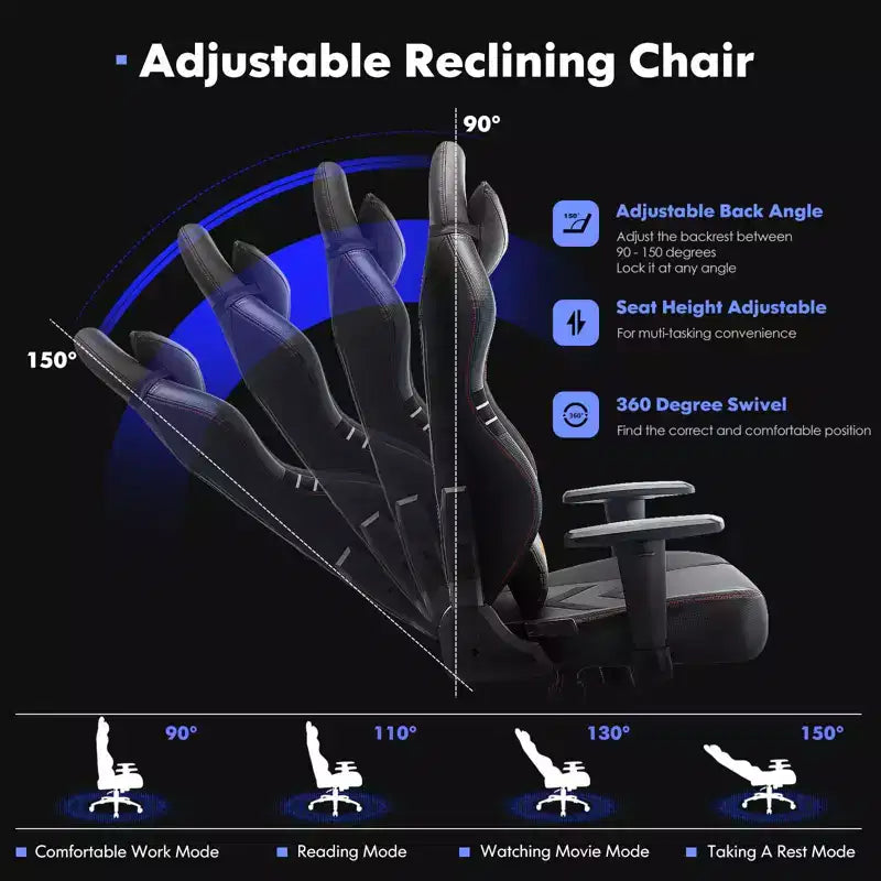 Okak High-Back Ergonomic Gaming Chair with Detachable Neck Pillow, Computer Chair with Padding Seat and Lumbar Support, Comfy Chair for Home, Black