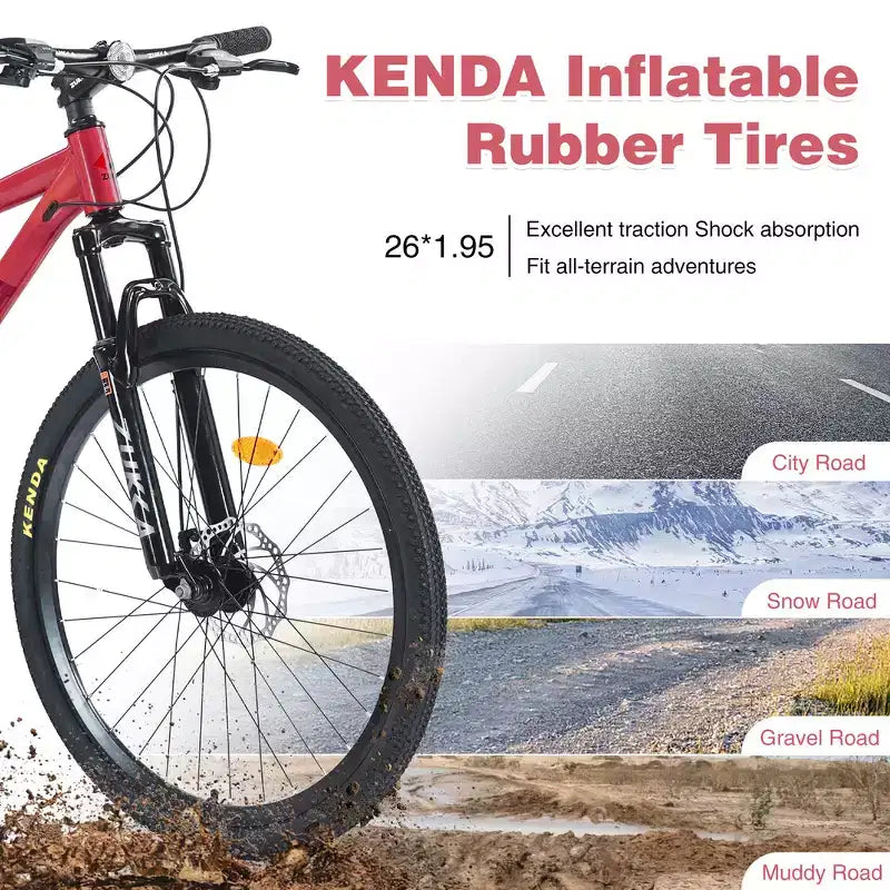 Whisen 26 Suspension Mountain Bike with 8-Speed Rear Derailleur, Fork KENDA Tires, Double Disc Brakes