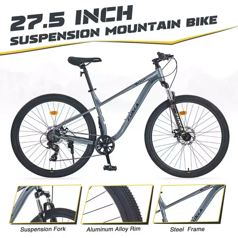 Whisen 27.5 Mountain Bike with 8 Speed Rear Derailleur, Front Suspension, Steel Frame