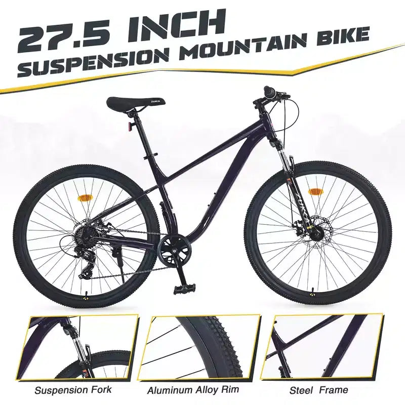 Whisen 27.5 Mountain Bike with 8 Speed Rear Derailleur, Front Suspension, Steel Frame