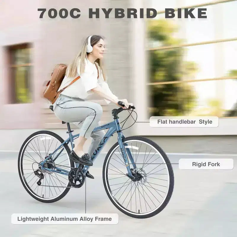 Whisen 28 Road Bike, Hybrid City Bicycle with Shimano 7 Speed Aluminum Alloy Frame Double Disc Brakes