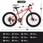 Okak 24IN Fat Tire Bike with Front Suspension, 7-Speed Mountain Bike with Disc Brake and High-Carbon Steel Frame, Trail Bike for Commuting