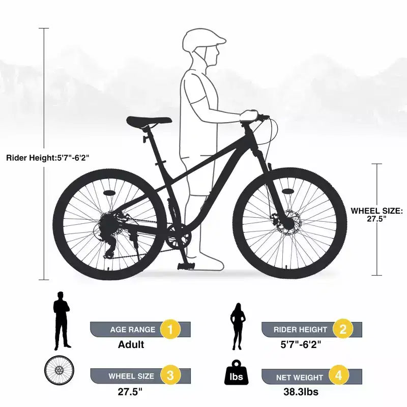 Okak 27.5IN 8 Speed Mountain Bike with Front Suspension, Kids Dirt Bike with Double Disc Brakes, Steel Frame Bicycle for Kid and Adults