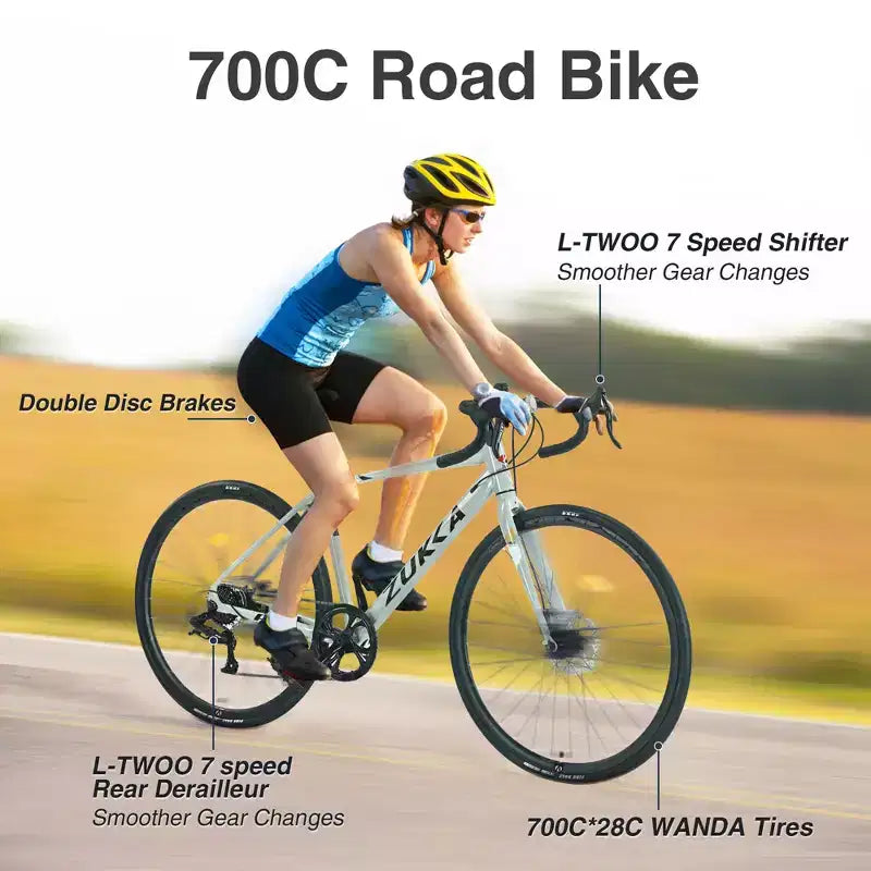 Okak 700C Road Bike with 7 Speed System, Adult Bike with Aluminum Alloy Frame and Rim, Disk Brake Bicycle for Men and Women