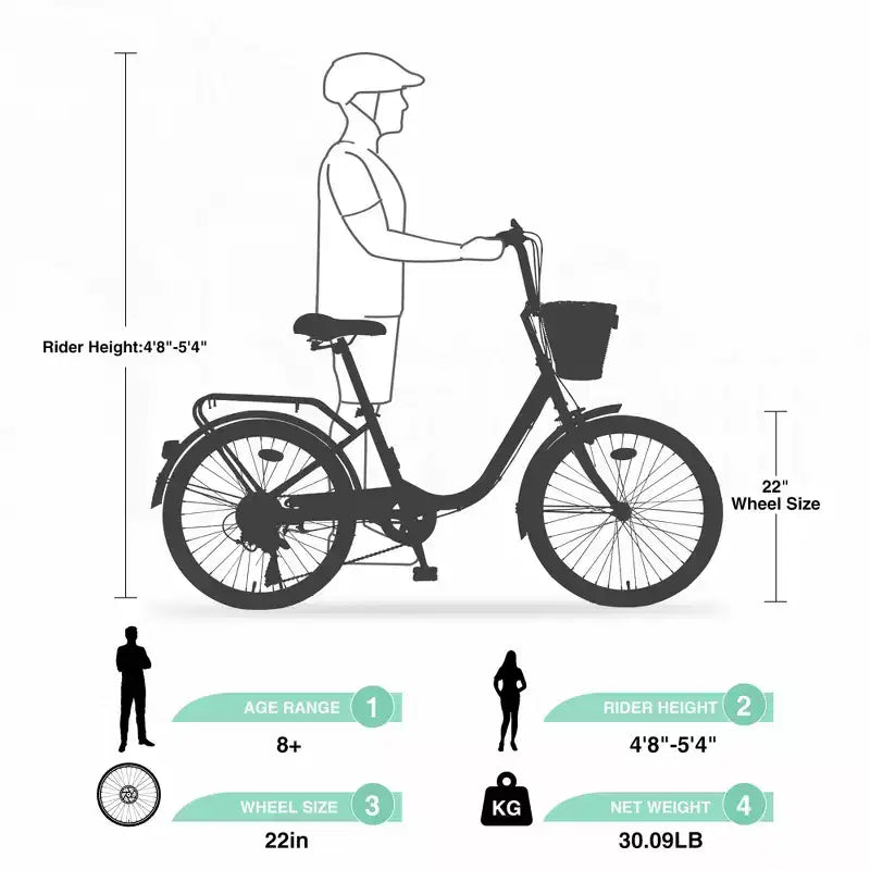 Okak 22IN Cruiser Bikes with Front Basket, Girls Bike with Steel Frame, V-Shape Brake and Comfort Saddles, Adult Bike for Girls and Women