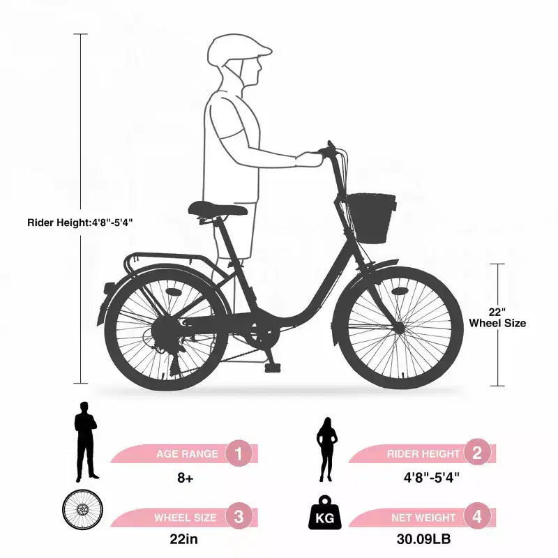 Okak 22IN Cruiser Bikes with Front Basket, Girls Bike with Steel Frame, V-Shape Brake and Comfort Saddles, Adult Bike for Girls and Women