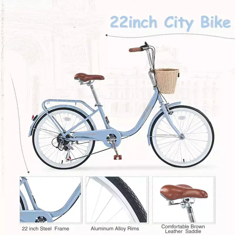 Okak 22IN Cruiser Bikes with Front Basket, Girls Bike with Steel Frame, V-Shape Brake and Comfort Saddles, Adult Bike for Girls and Women