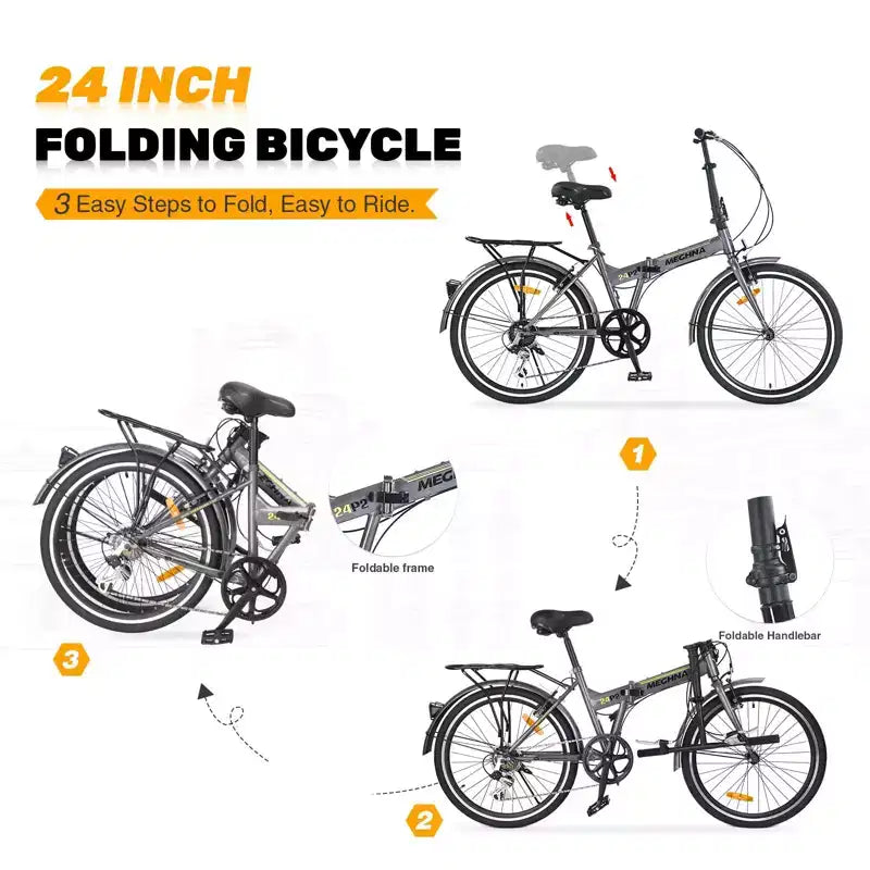 Okak 24IN Folding Bike with 7 Speed and Steel Frame, Cruiser Bikes with Rear Shelf and Mudguard, Adult Bike for Traval and Commuting