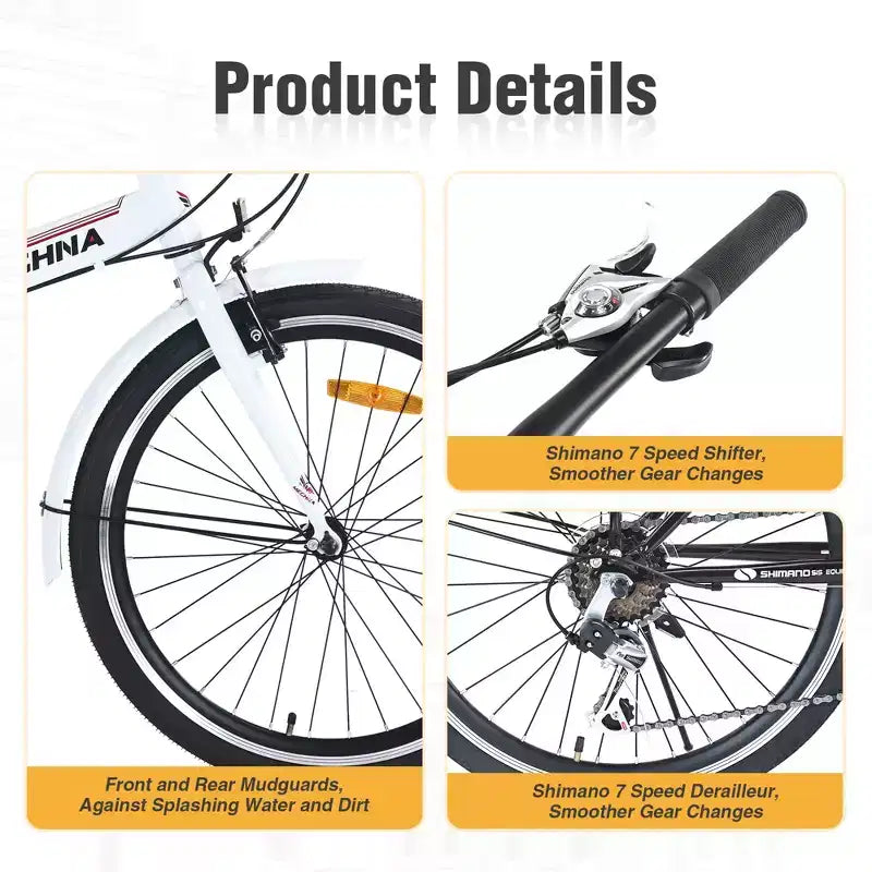 Okak 24IN Folding Bike with 7 Speed and Steel Frame, Cruiser Bikes with Rear Shelf and Mudguard, Adult Bike for Traval and Commuting