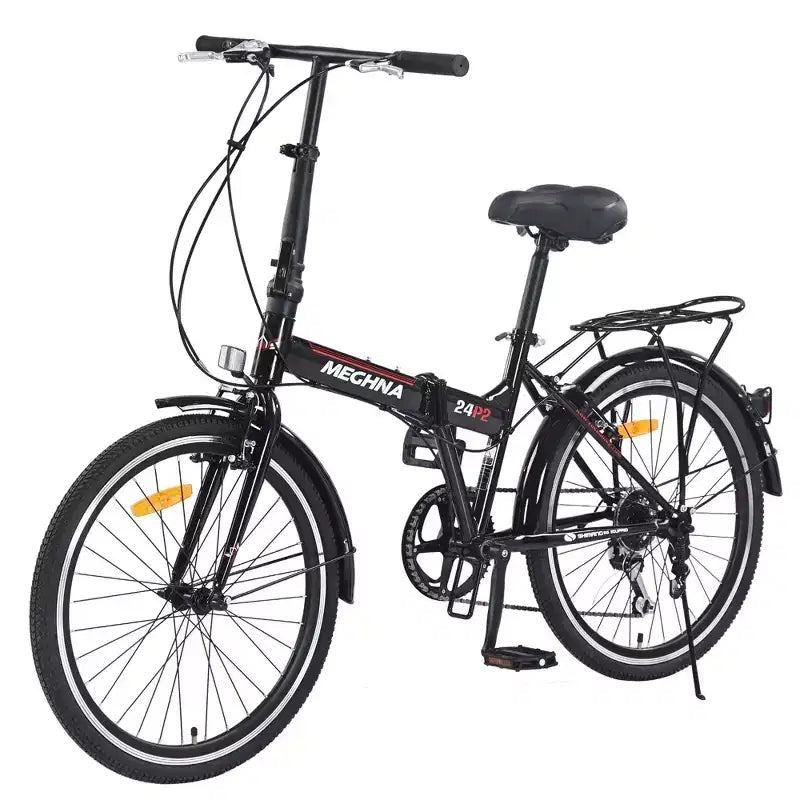 Okak 24IN Folding Bike with 7 Speed and Steel Frame, Cruiser Bikes with Rear Shelf and Mudguard, Adult Bike for Traval and Commuting
