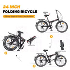 Okak 24IN Folding Bike with 7 Speed and Steel Frame, Cruiser Bikes with Rear Shelf and Mudguard, Adult Bike for Traval and Commuting