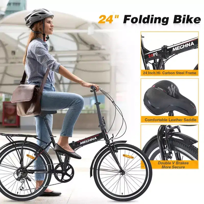 Okak 24IN Folding Bike with 7 Speed and Steel Frame, Cruiser Bikes with Rear Shelf and Mudguard, Adult Bike for Traval and Commuting
