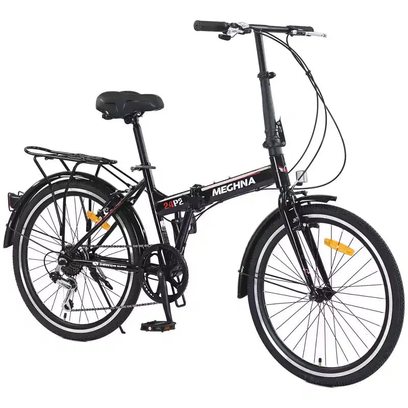 Okak 24IN Folding Bike with 7 Speed and Steel Frame, Cruiser Bikes with Rear Shelf and Mudguard, Adult Bike for Traval and Commuting