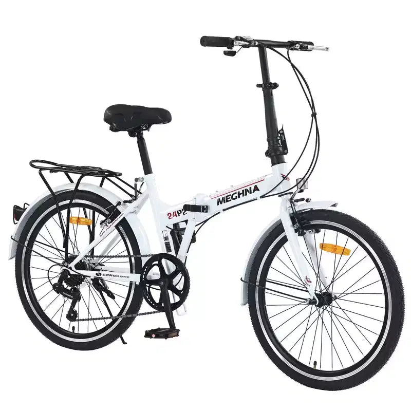 Okak 24IN Folding Bike with 7 Speed and Steel Frame, Cruiser Bikes with Rear Shelf and Mudguard, Adult Bike for Traval and Commuting