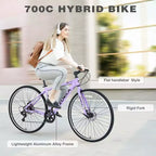 Okak 700C Hybrid Bike with Aluminum Alloy Frame and Double Disc Brakes, Flat Handlebar Road Bike, Adult Bike for Road Cycling and Traval