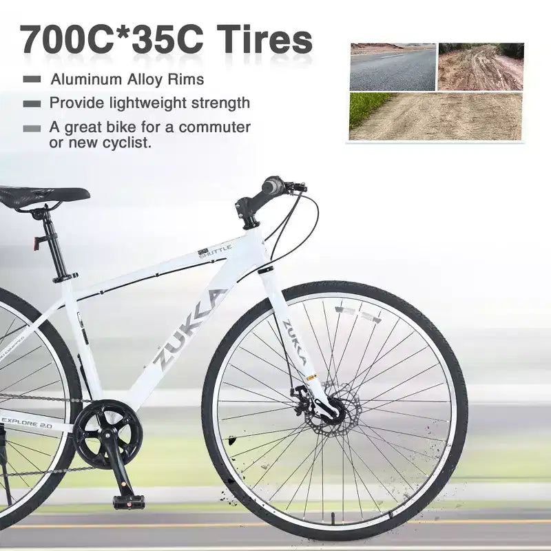 Okak 700C Hybrid Bike with Aluminum Alloy Frame and Double Disc Brakes, Flat Handlebar Road Bike, Adult Bike for Road Cycling and Traval