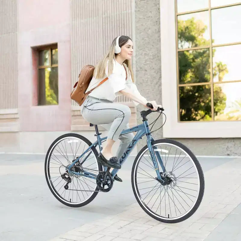Okak 700C Hybrid Bike with Aluminum Alloy Frame and Double Disc Brakes, Flat Handlebar Road Bike, Adult Bike for Road Cycling and Traval