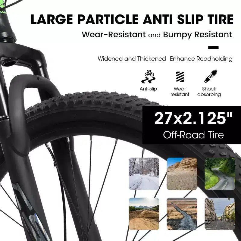Okak 27IN Mountain Bike with Suspension Fork and Aluminum Frame, 21-Speed Dirt Bike with Disc Brake, Adult Bike for Men and Women
