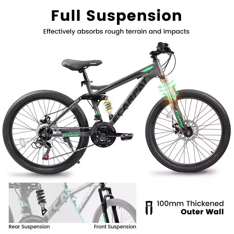 Okak 24 Inch Carbon Steel Mountain Bike with Full Suspension, Mens Bike with 21 Speed Shifter Lever and Disc Brakes, Bicycle for Kids&Adults