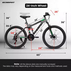 Okak 24 Inch Carbon Steel Mountain Bike with Full Suspension, Mens Bike with 21 Speed Shifter Lever and Disc Brakes, Bicycle for Kids&Adults