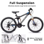 Okak 24 Inch Carbon Steel Mountain Bike with Full Suspension, Mens Bike with 21 Speed Shifter Lever and Disc Brakes, Bicycle for Kids&Adults