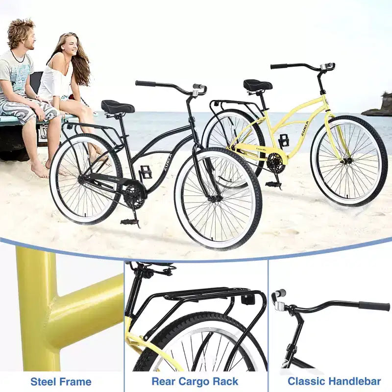 Okak 26IN Single Speed Cruiser Bikes with Steel Frame, Adult Bike with Wide Wheels and Rear Coaster Brakes, Bicycle for Mens and Women