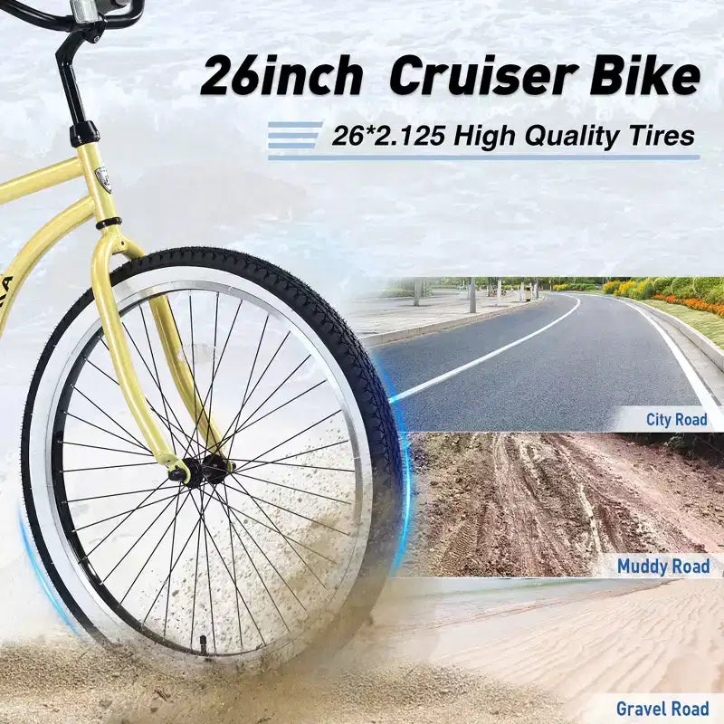 Okak 26IN Single Speed Cruiser Bikes with Steel Frame, Adult Bike with Wide Wheels and Rear Coaster Brakes, Bicycle for Mens and Women